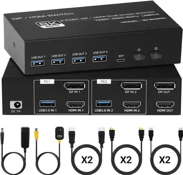 Alt view image 10 of 12 - 4K 120Hz HDMI + Displayport KVM Switch 2 PC 2 Monitor, 8K@60Hz DP 1.4 + HDMI 2.1 Dual Monitor USB 3.0 KVM Switch, Support Extended & Copy Mode, with Desktop Controller and 2 HDMI+DP+USB Cables