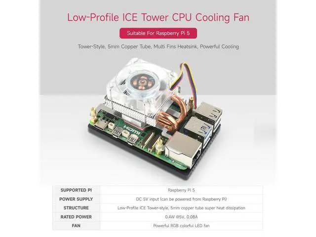Alt view image 10 of 14 - Low-Profile ICE Tower CPU Cooling Fan, Compatible with Raspberry Pi 5, U-Shaped Copper Tube, Cooling Fins, Cooler with Colorful RGB LED
