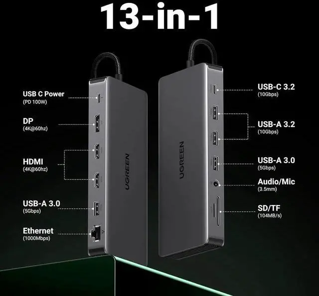 Alt view image 12 of 14 - UGREEN Revodok Pro 313 Laptop Docking Station 13 in 1 4K Triple Display USB C Dock Dual HDMI, DP, 10Gbps Data Port 100W PD Gigabit Ethernet, SD/TF Card Reader Compatible for Thinkpad, Zenbook and more