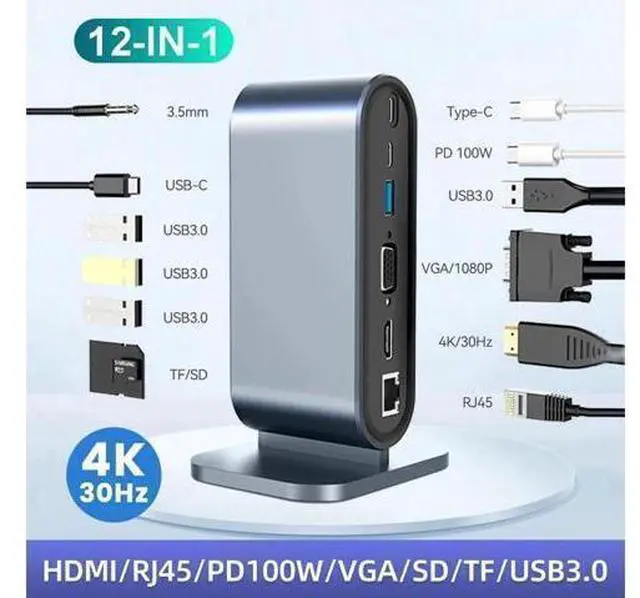 Alt view image 8 of 14 - Vertical Laptop Docking Station, 12 in 1 USB C to HDMI Adapter with 1080P VGA, 4*USB A 3.0, 100W PD, Ethernet,SD/TF,Audio Port, USB-C Data for MacBook Laptop