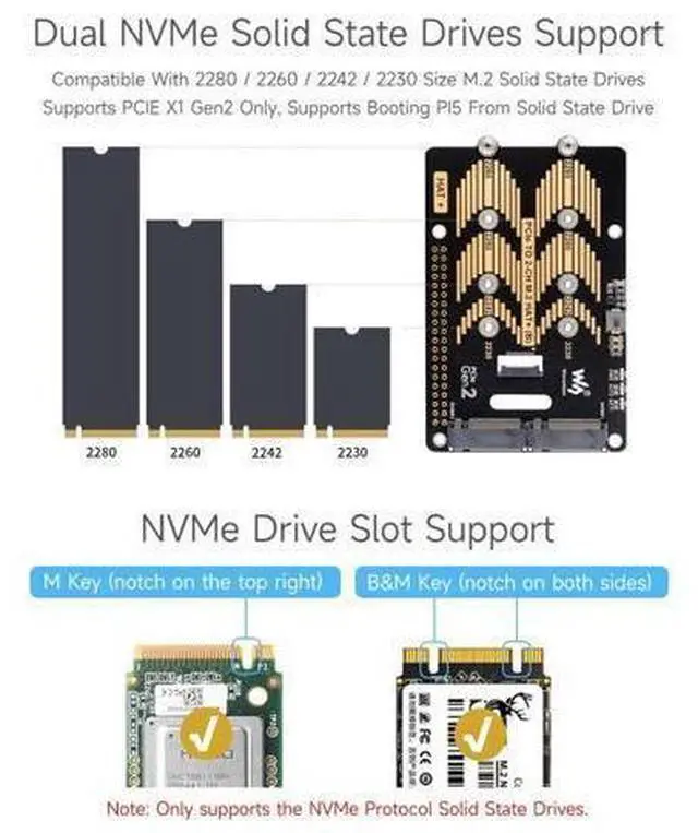 Alt view image 12 of 14 - PCIe to 2-CH M.2 HAT, Compatible with Raspberry Pi 5, Support M.2 NVMe Solid State Drive 2230 2242 2280, High-Speed Reading/Writing