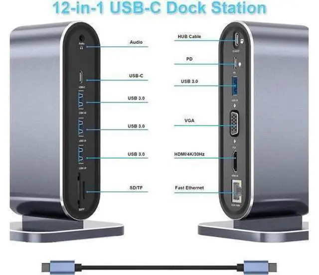 Alt view image 9 of 14 - Vertical Laptop Docking Station, 12 in 1 USB C to HDMI Adapter with 1080P VGA, 4*USB A 3.0, 100W PD, Ethernet,SD/TF,Audio Port, USB-C Data for MacBook Laptop