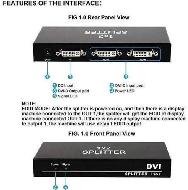 Alt view image 9 of 14 - DVI Splitter 1 in 2 Out 2 Port DVI Dual Monitors Distribution Duplicator Video Splitter (EDID Management) Support Resolution up to 4K2K/30HZ for PC Laptop DVR Projector HDTV