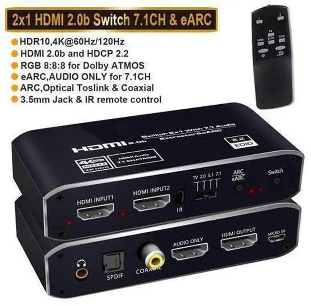 Alt view image 7 of 12 - 4K@ 60Hz HDMI Switch Audio Extractor, 2 in 1 Out HDMI Splitter with 3.5mm Audio Jack + Coaxial + Optical Toslink SPDIF for Support HDMI 2.0 1080P/ 3D/ 4K