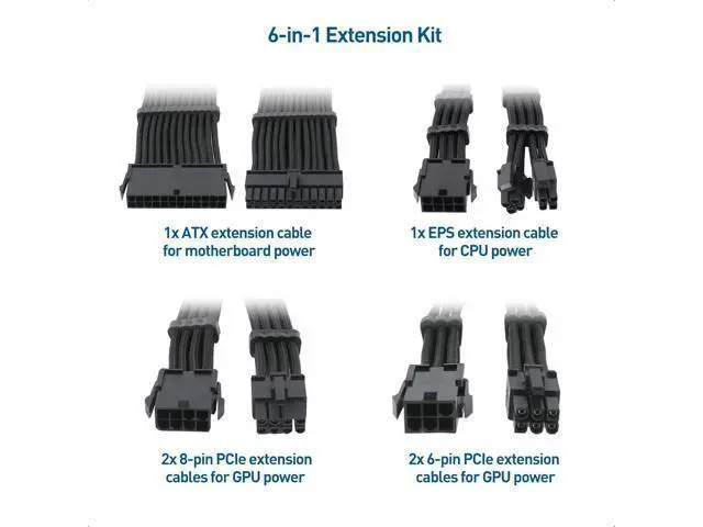 Alt view image 9 of 14 - Cable Matters 12-inch 6-Piece Sleeved PSU Extension Cable Kit (Power Supply Extension Cable, PSU Cables Kit) in Black with 24-pin ATX, 4+4 Pin EPS, 2X 8-pin PCIe, and 2X 6-pin PCIe Extension Cables
