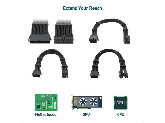 Alt view image 12 of 14 - Cable Matters 12-inch 6-Piece Sleeved PSU Extension Cable Kit (Power Supply Extension Cable, PSU Cables Kit) in Black with 24-pin ATX, 4+4 Pin EPS, 2X 8-pin PCIe, and 2X 6-pin PCIe Extension Cables
