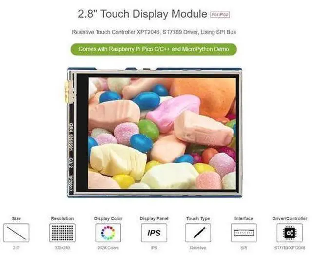 Alt view image 10 of 14 - 2.8inch Touch Display Module for Raspberry Pi Pico 262K Colors 320×240 Pixels Resistive Touch Controller XPT2046 ST7789 Driver Using SPI Bus