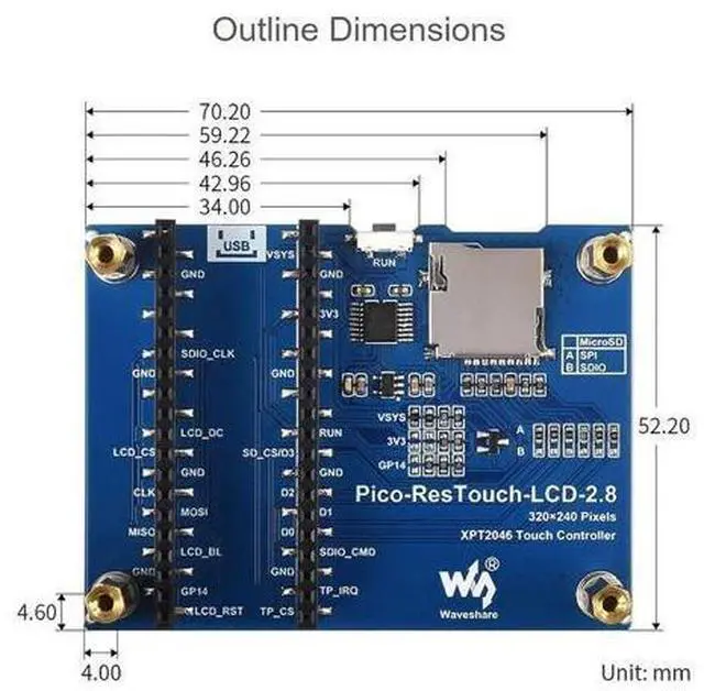 Alt view image 14 of 14 - 2.8inch Touch Display Module for Raspberry Pi Pico 262K Colors 320×240 Pixels Resistive Touch Controller XPT2046 ST7789 Driver Using SPI Bus