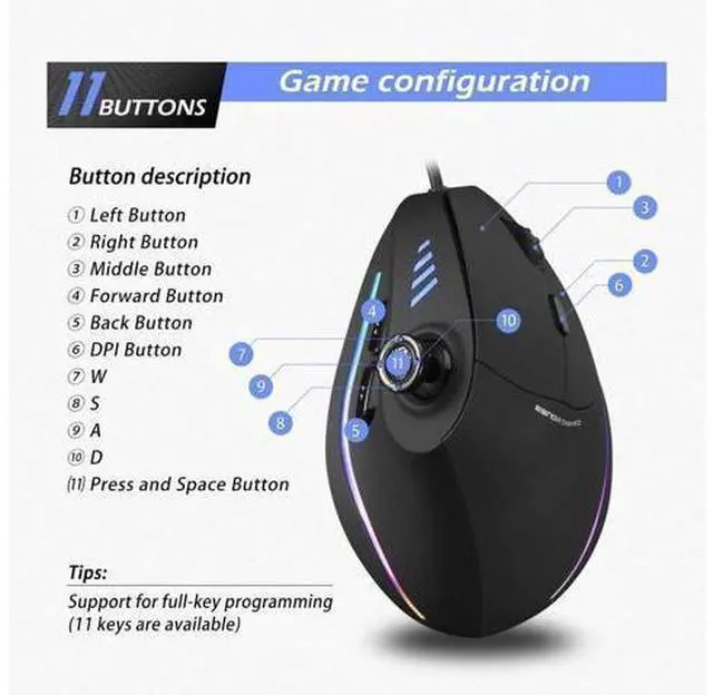Alt view image 13 of 14 - zelotes Wired Gaming Mouse with Joystick,10000DPI,11 Programmable Buttons,Vertical Ergonomic Mouse,USB Optical Computer Mouse,PC Gaming Mouse for Laptop,PC,Black
