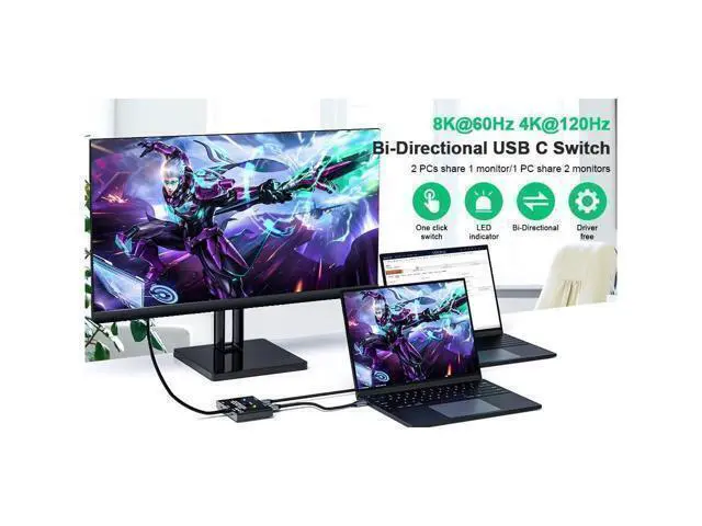 Alt view image 9 of 14 - KVM USB C Two-Way Switch 1X2/2X1 USB 3.2 Splitter Data Video Switcher 8K @60Hz PD 100W for PC Monitor