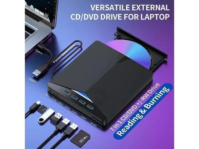 Alt view image 12 of 14 - External CD/DVD Drive for Laptop - 7 in 1 USB 3.0 Type C Portable DVD Player, Portable CD/DVD Burner Optical CD DVD Drive, Compatible with Laptop, Desktop PC, Windows 11/10/8/7, Linux, Mac OS