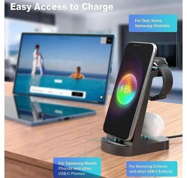 Alt view image 9 of 12 - Charging Station for Multiple Devices,3 in 1 Fast Charging Stand USB-C Charger for Galaxy Watch 5/5 Pro/4/3/Active,Galaxy S23/S22/S21/S20/S10/Note20/Note10/Z Flip 4/Z Fold 4/Galaxy Buds