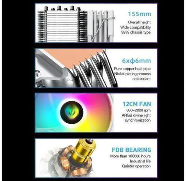 Alt view image 9 of 14 - AS600 6 Heat Pipes CPU Cooler Fan Radiator 4 Pin PWM 5V 3PIN ARGB AURA SYNC CPU Cooling Fan For Intel LGA1700 AM5