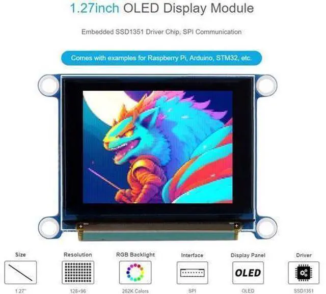 Alt view image 9 of 14 - 1.27inch RGB OLED Display Module 128×96 Resolution Screen, 262K RGB Colors SPI Interface 3.3V / 5V Operating Voltage, for Ardu/Raspberry Pi/STM32