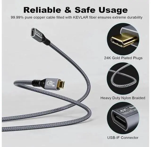 Alt view image 13 of 14 - Aomoproing 20Gbps USB C 3.2 Extension Cable, 10FT USBC 3.2 Gen2 Type-c Male to Female Extender Cable Ultra HD 4K@60Hz 240W Charging 20Gbps Data Transfer Compatible with External SSD eGPU