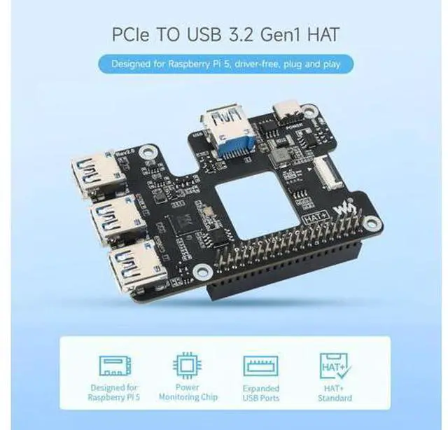 Alt view image 10 of 14 - PCIe to USB 3.2 Gen1 HAT for Raspberry Pi 5, PCIe to USB HUB, 4X High Speed USB Ports, No Driver Required, Plug and Play, HAT + Standard