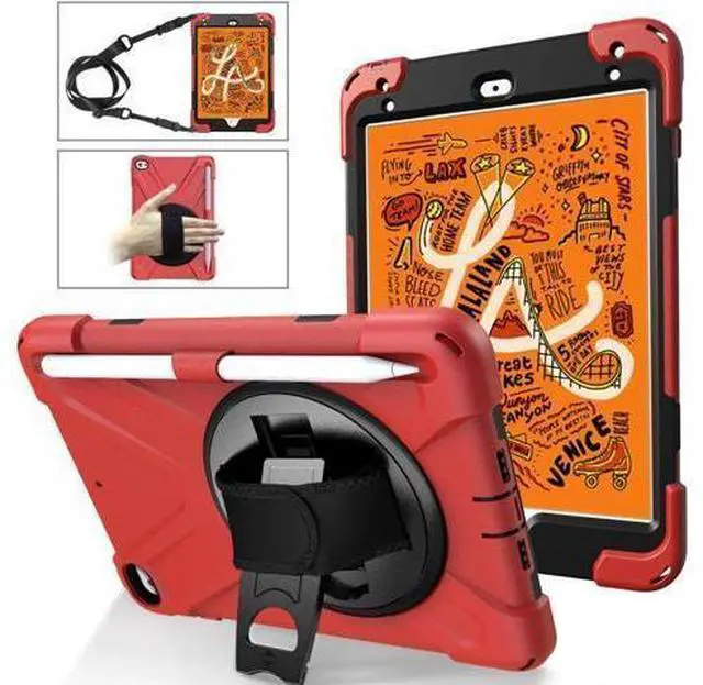 Alt view image 8 of 14 - iPad Mini 5 Case 2019 iPad Mini 4 Case with Pencil Holder Shockproof 360 Degree Rotation Cover with Kickstand Hand Strap Shoulder Strip Protective Case for iPad Mini 5th iPad Mini 4th Generation Red