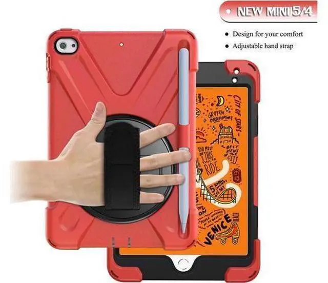 Alt view image 10 of 14 - iPad Mini 5 Case 2019 iPad Mini 4 Case with Pencil Holder Shockproof 360 Degree Rotation Cover with Kickstand Hand Strap Shoulder Strip Protective Case for iPad Mini 5th iPad Mini 4th Generation Red