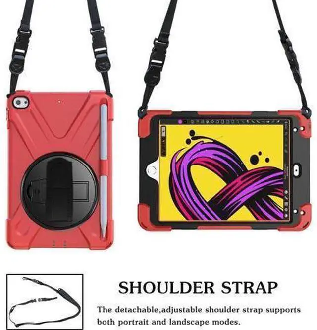 Alt view image 11 of 14 - iPad Mini 5 Case 2019 iPad Mini 4 Case with Pencil Holder Shockproof 360 Degree Rotation Cover with Kickstand Hand Strap Shoulder Strip Protective Case for iPad Mini 5th iPad Mini 4th Generation Red