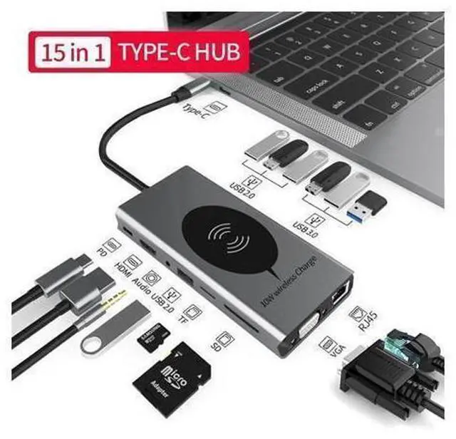 Alt view image 8 of 14 - USB C Docking Station,15 in 1 Laptop Docking Station Dual Monitor,with 4K- HDMI,VGA,Gigablit Ethernet,7 USB,SD/TF Card Reader,Audio Port,Wireless Charging Compatible with MacBook/Surface