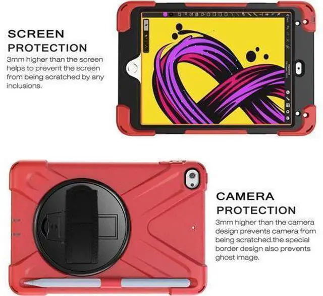 Alt view image 14 of 14 - iPad Mini 5 Case 2019 iPad Mini 4 Case with Pencil Holder Shockproof 360 Degree Rotation Cover with Kickstand Hand Strap Shoulder Strip Protective Case for iPad Mini 5th iPad Mini 4th Generation Red