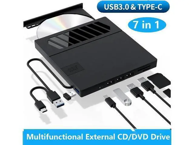 Alt view image 7 of 12 - External CD DVD Drive, 7 in 1 USB 3.0 Type-C DVD Drive, Portable External DVD Burner, External CD/DVD Optical Drive with SD/TF Card Reader & 4 USB A Ports for Linux/Mac OS/Windows 7/8/10/11