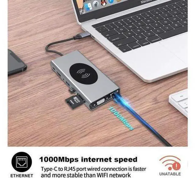 Alt view image 14 of 14 - USB C Docking Station,15 in 1 Laptop Docking Station Dual Monitor,with 4K- HDMI,VGA,Gigablit Ethernet,7 USB,SD/TF Card Reader,Audio Port,Wireless Charging Compatible with MacBook/Surface