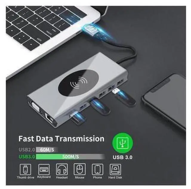 Alt view image 12 of 14 - USB C Docking Station,15 in 1 Laptop Docking Station Dual Monitor,with 4K- HDMI,VGA,Gigablit Ethernet,7 USB,SD/TF Card Reader,Audio Port,Wireless Charging Compatible with MacBook/Surface