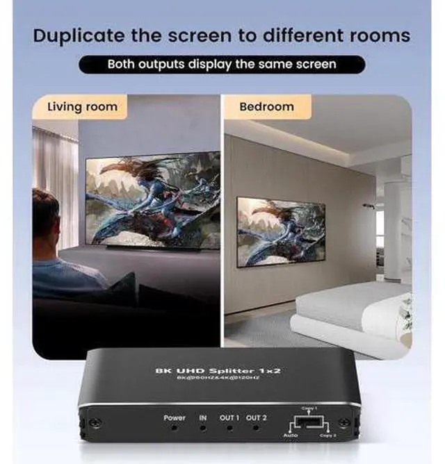 Alt view image 10 of 14 - HDMI Splitter 1 in 2 Out -ESTONE 1x2 HDMI Display Duplicate/Mirror - Powered Splitter 4K 120Hz, 8K @ 60Hz (One Input To Two Outputs) - 1 Source to 2 Identical Displays