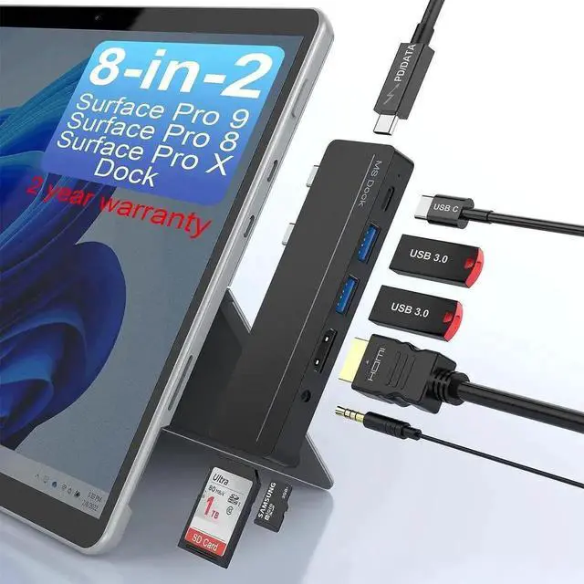 Alt view image 8 of 14 - 8-in-2 Surface Pro 9 Pro 8 Docking Station, Surface Pro 8 Hub with 4K HDMI,100W USB-C Thunderbolt 4(Display+Data+PD Charging), USB C(Data), Audio,2*USB 3.0, TF/SD Card for Microsoft Surface Pro 9/8/X