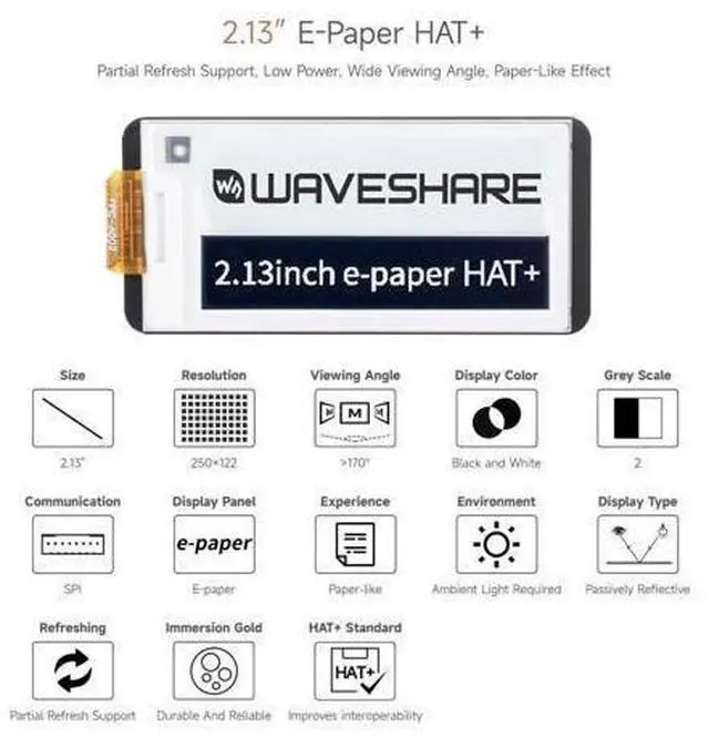Alt view image 10 of 14 - 2.13inch E-Paper, Compatible with Raspberry Pi 5/4B/3B+/3B/ and Zero Series Boards, E-Ink Screen for Pwnagotchi Kit, SPI Interface, HAT+ Standard