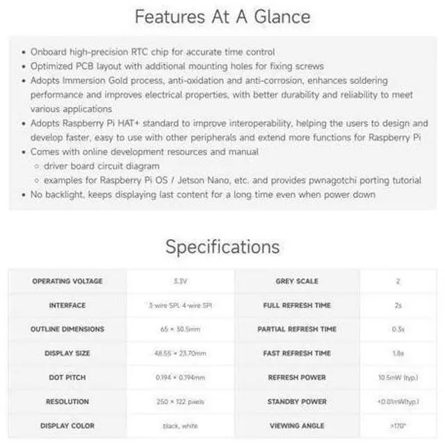 Alt view image 11 of 14 - 2.13inch E-Paper, Compatible with Raspberry Pi 5/4B/3B+/3B/ and Zero Series Boards, E-Ink Screen for Pwnagotchi Kit, SPI Interface, HAT+ Standard