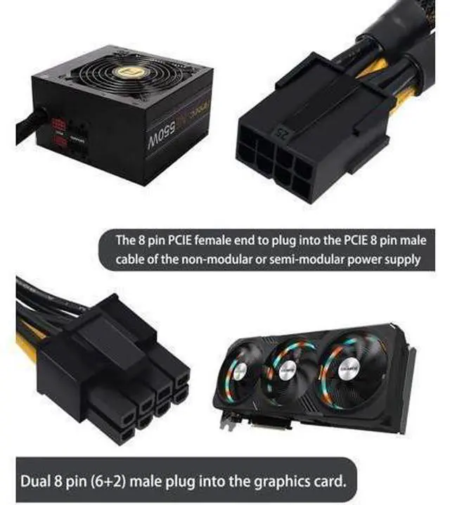 Alt view image 9 of 12 - Aomoproing (2-Pack) 8 Pin PCIe Splitter Cable, GPU VGA PCIe 8 Pin Female to Dual 8 Pin (6+2) Male PCI Express Power Adapter Braided Extension 9 inches (23cm)