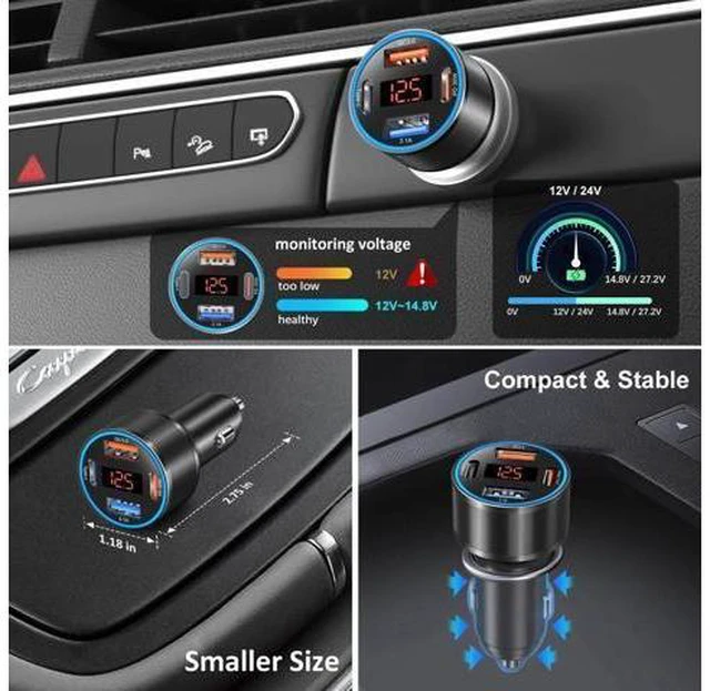 Alt view image 11 of 14 - 3 Pack USB C Car Charger, 4-Port 65W Dual 12V USB-A & USBC Cigarette Lighter Adapter Plug with Voltmeter PD/QC 3.0 Fast Charging Car Phone Charger for iPhone 16e 15 14 13 12 11 Pro Max, Android
