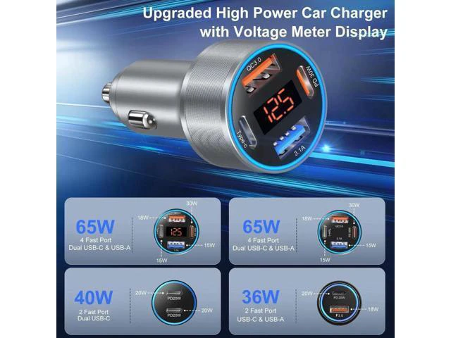 Alt view image 9 of 14 - AomoproingCar Charger USB C, 65W Dual 12V Cigarette Lighter USB Car Adapter with Voltage Display Multi Port PD/QC 3.0 Super Fast Charging Car Phone Charger for iPhone 16 15 14 13 12 Pro,Tablet,Android