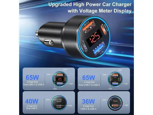 Alt view image 12 of 14 - 3 Pack USB C Car Charger, 4-Port 65W Dual 12V USB-A & USBC Cigarette Lighter Adapter Plug with Voltmeter PD/QC 3.0 Fast Charging Car Phone Charger for iPhone 16e 15 14 13 12 11 Pro Max, Android