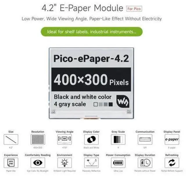 Alt view image 10 of 14 - 4.2inch E-Paper E-Ink Display Module for Raspberry Pi Pico 400×300 Pixels Black/White with SPI Interface