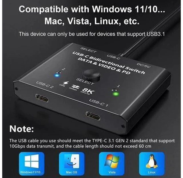 Alt view image 13 of 14 - USB C Switch 2 in 1 Out or 1 in 2 Out, Bi-Directional USB Type C KVM Switch Support 8K @60Hz 4K @120Hz Video/10Gbps Data Transfer/100W Charging,Compatible with Thunderbolt Device