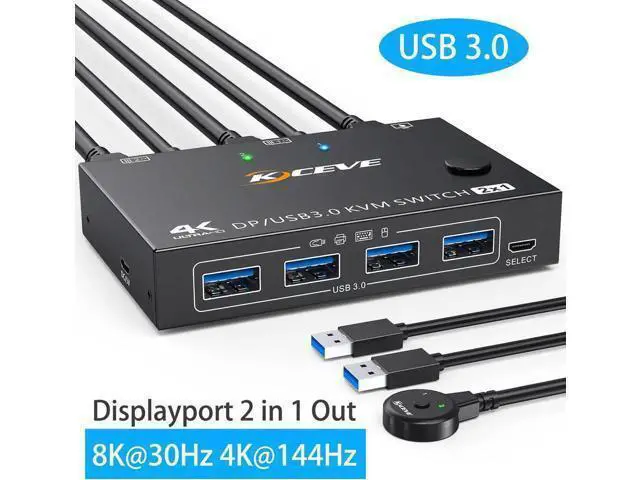 Alt view image 8 of 14 - Displayport KVM Switch 2 Computers 1 Monitor, USB 3.0 KVM Switch Displayport 8K@30Hz 4K@144Hz, DP KVM Switch 2 PC 1 Monitor Share 4 USB 3.0 Devices Keyboard Mouse Monitor, with Wired Remote