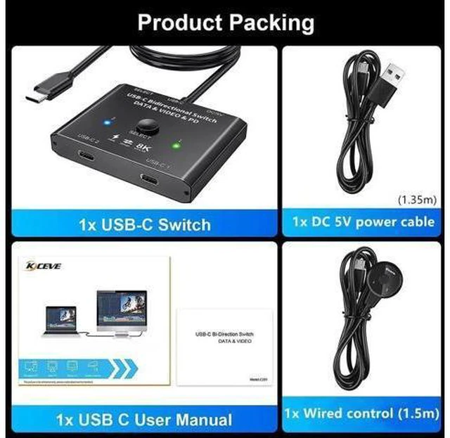 Alt view image 14 of 14 - USB C Switch 2 in 1 Out or 1 in 2 Out, Bi-Directional USB Type C KVM Switch Support 8K @60Hz 4K @120Hz Video/10Gbps Data Transfer/100W Charging,Compatible with Thunderbolt Device