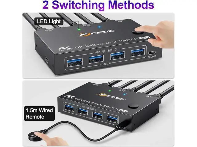 Alt view image 10 of 14 - Displayport KVM Switch 2 Computers 1 Monitor, USB 3.0 KVM Switch Displayport 8K@30Hz 4K@144Hz, DP KVM Switch 2 PC 1 Monitor Share 4 USB 3.0 Devices Keyboard Mouse Monitor, with Wired Remote