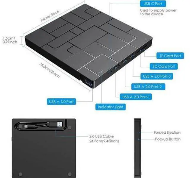 Alt view image 10 of 14 - New Upgraded External DVD Drive for Laptop, USB 3.0 Portable CD/DVD +/-RW Drive/DVD Player with 4 USB Ports & 2 SD Card Slots & 1 Type-C Ports Maximum 24x CD Write/Read Speed for Notebook OS Windows