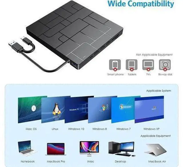 Alt view image 11 of 14 - New Upgraded External DVD Drive for Laptop, USB 3.0 Portable CD/DVD +/-RW Drive/DVD Player with 4 USB Ports & 2 SD Card Slots & 1 Type-C Ports Maximum 24x CD Write/Read Speed for Notebook OS Windows