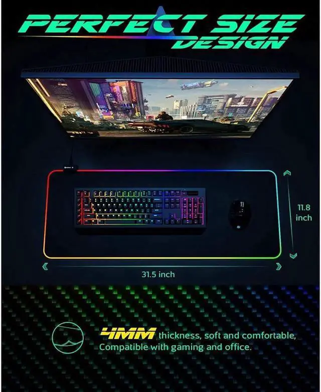 Alt view image 14 of 14 - RGB Gaming Mouse Pad, Large Extended Soft Led Mouse Pad with 14 Lighting Modes 2 Brightness Levels, Computer Keyboard Mousepads Mat 800 x 300mm / 31.5×11.8 inches