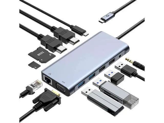 Alt view image 7 of 12 - XJYLCPC Triple Monitor USB C Laptop Docking Station, USB C Hub Multiport Adapter Dongle Dock with 2 HDMI, VGA, PD Charging,Ethernet,4 USB-A Ports,SD/TF,Audio, Compatible for Type-C Laptops