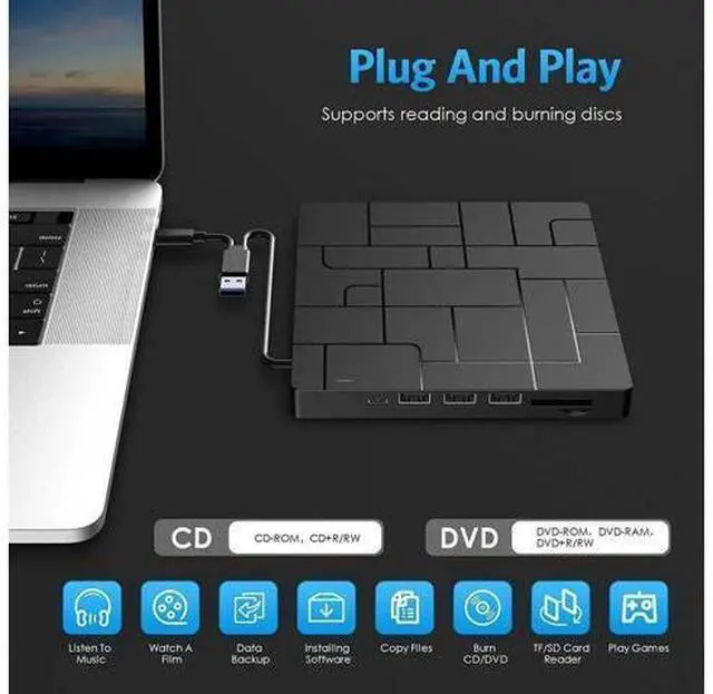 Alt view image 14 of 14 - New Upgraded External DVD Drive for Laptop, USB 3.0 Portable CD/DVD +/-RW Drive/DVD Player with 4 USB Ports & 2 SD Card Slots & 1 Type-C Ports Maximum 24x CD Write/Read Speed for Notebook OS Windows