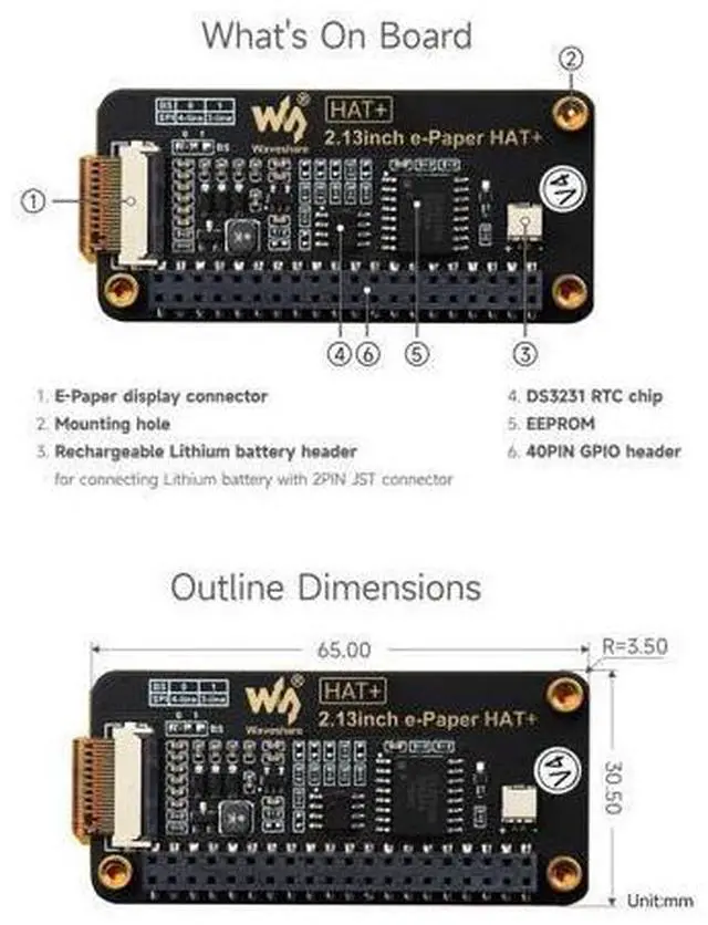 Alt view image 14 of 14 - 2.13inch E-Paper, Compatible with Raspberry Pi 5/4B/3B+/3B/ and Zero Series Boards, E-Ink Screen for Pwnagotchi Kit, SPI Interface, HAT+ Standard
