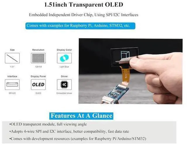 Alt view image 10 of 14 - 1.51inch Transparent OLED Compatible with Raspberry Pi 5/4B/3B+/3B/A+/Pi Zero W/Pi Zero 2W, 128 x 64 Resolution, SPI/I2C Interfaces, Embedded Independent Driver Chip, Light Blue Color Display