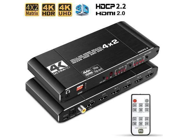 Alt view image 8 of 14 - 4x2 HDMI 4K Matrix Switch/Splitter 4-Input 2-Output with Remote Control Supports Ultra HD 4K@60Hz 4:4:4 HDR YUV HDMI 2.0 HDCP 2.2 3D, 1080p 18GBPS - ARC/SPDIF Coaxial 3.5mm Stereo Audio
