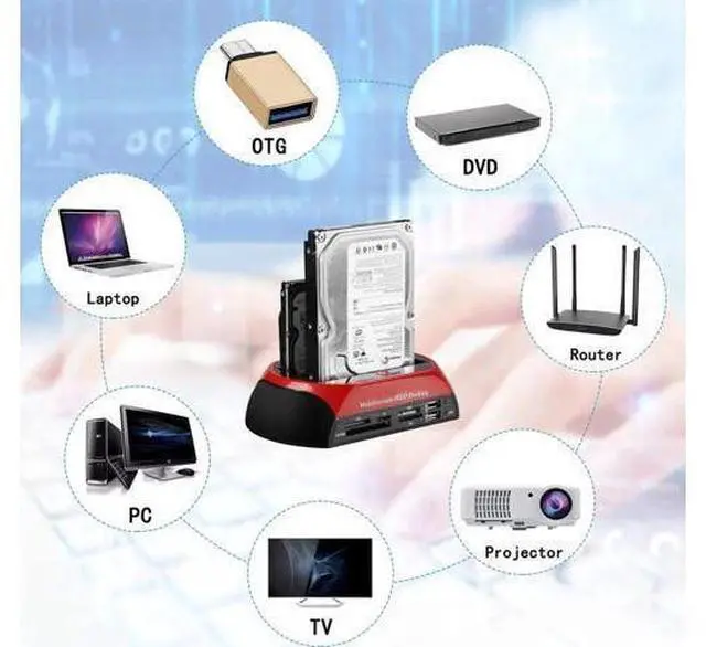 Alt view image 10 of 14 - Hard Drive Docking Station, USB 2.0 to 2.5 3.5 Inch SATA IDE Dual Slots External Enclosure with All in 1 Card Reader and USB 2.0 Hub for 2.5" 3.5" IDE SATA I/II/III HDD SSD